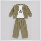 victor and jane boys 3-piece set featuring an olive corduroy zip jacket, white dinosaur t-shirt, and cargo pants.