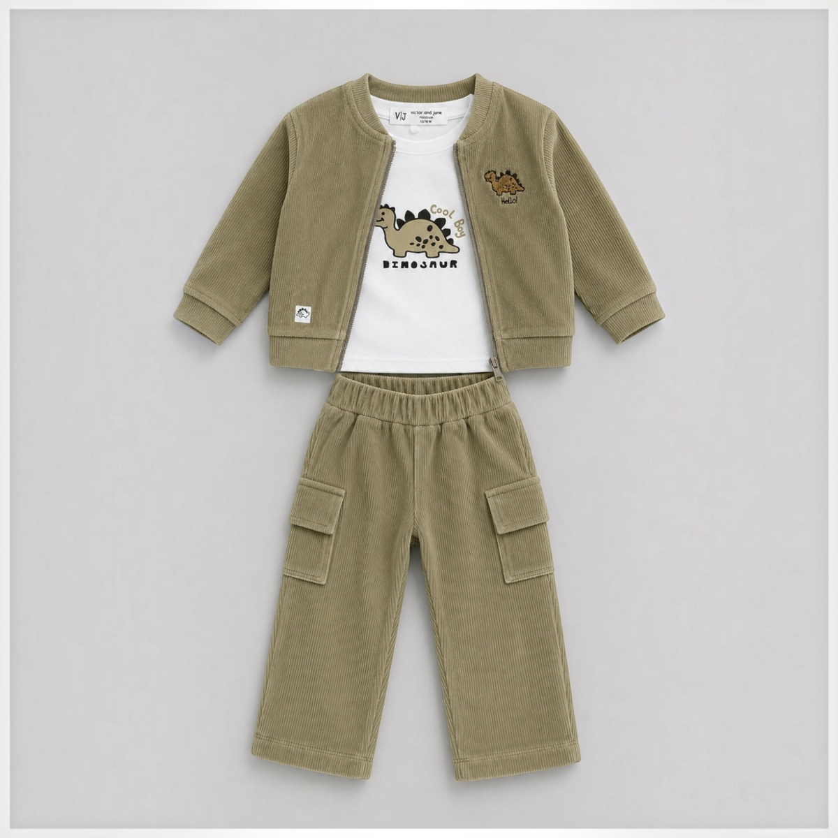 victor and jane boys 3-piece set featuring an olive corduroy zip jacket, white dinosaur t-shirt, and cargo pants.