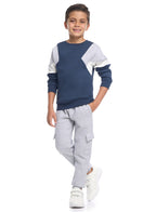 Victor And Jane Cotton Solid Full Sleeves Sweatshirt & Cargo Joggers Set - Navy Blue & Grey