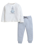 Dirkje Penguin Printed & Embroidered Full Sleeves Sweatshirt And Joggers Set - White/Blue