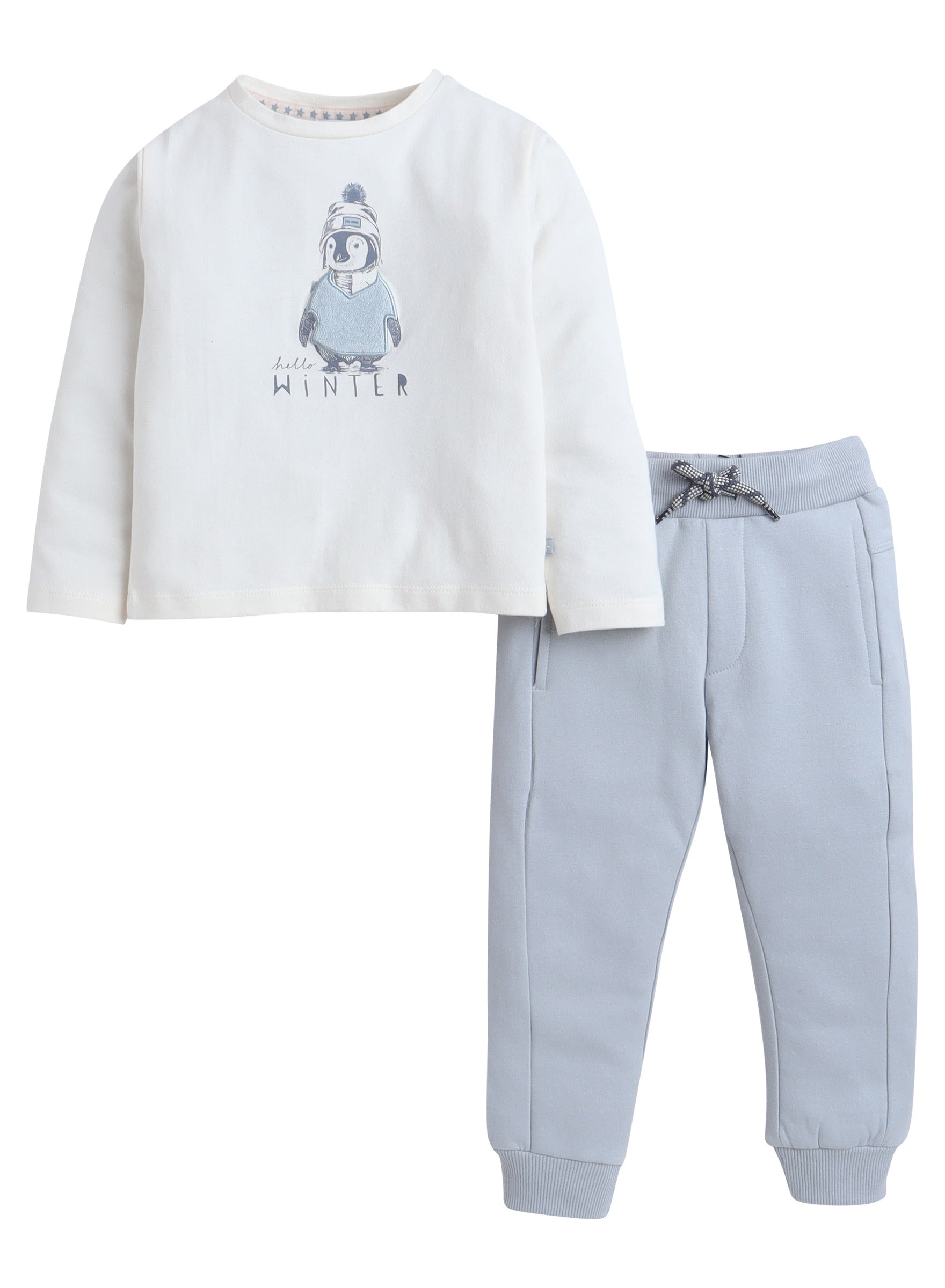 Dirkje Penguin Printed & Embroidered Full Sleeves Sweatshirt And Joggers Set - White/Blue