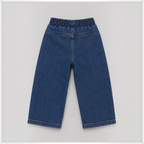 Back view of victor and jane boys denim pants with an elasticated waistband in a classic dark blue wash.
