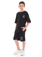 Victor and Jane Cotton Bear Embroidered & Patch Detailed Polo T-Shirt & Shorts Set - Grey & Navy Blue