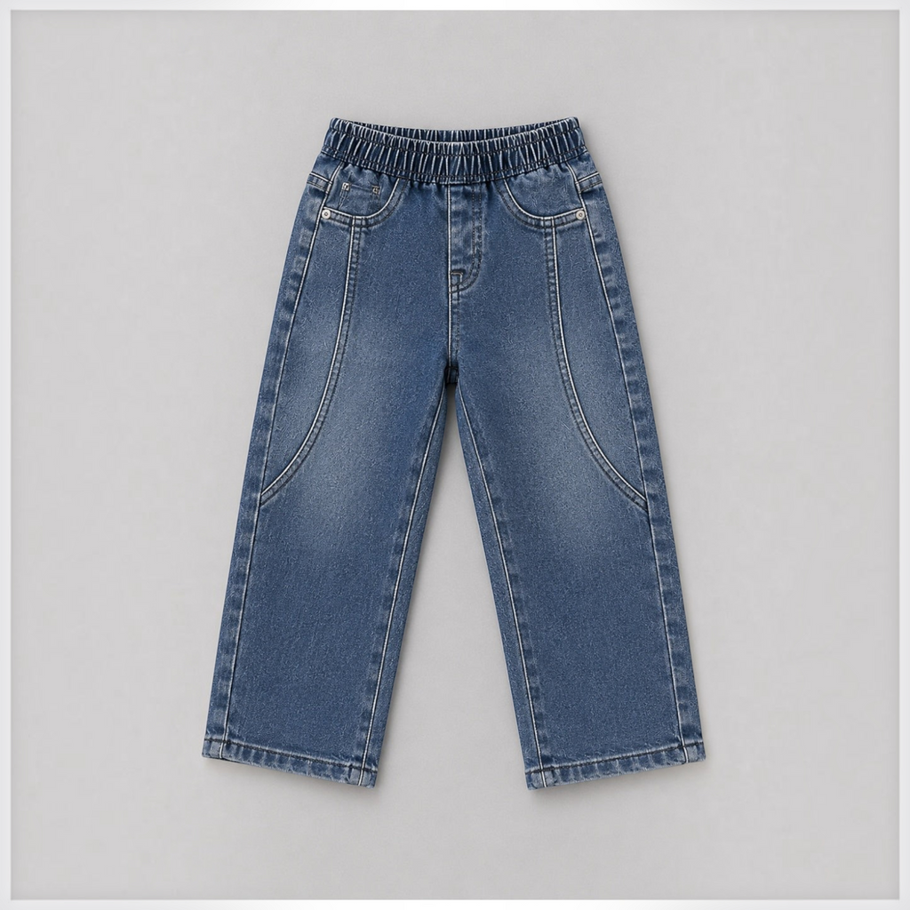 victor and jane boys blue denim pants with an elastic waistband and decorative front seam detailing