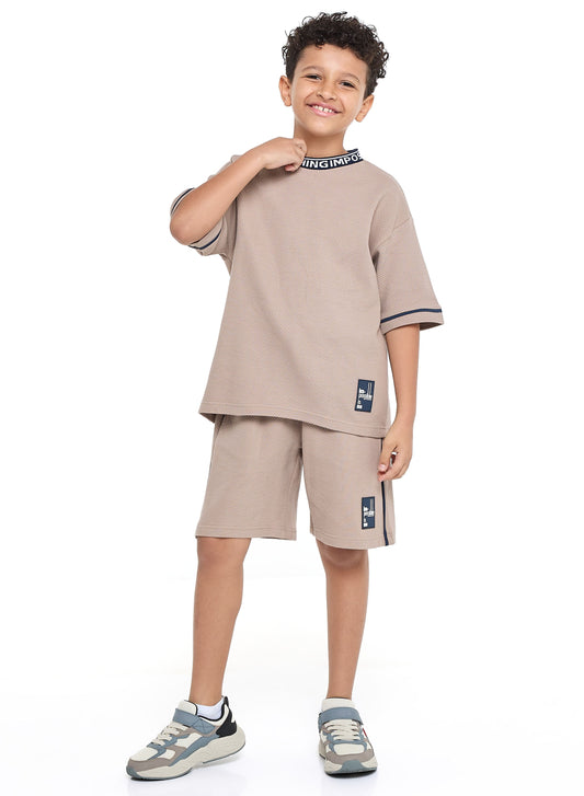 Victor and Jane Boys' Jacquard Set – Light Brown 2-Piece Outfit with Label Detail
