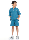 Victor And Jane Boys' Jacquard Set “ Teal 2-Piece Outfit With Pockets, Polo T-Shirt With Half  Zipper And Shorts