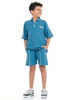 Victor And Jane Boys' Jacquard Set “ Teal 2-Piece Outfit With Pockets, Polo T-Shirt With Half  Zipper And Shorts