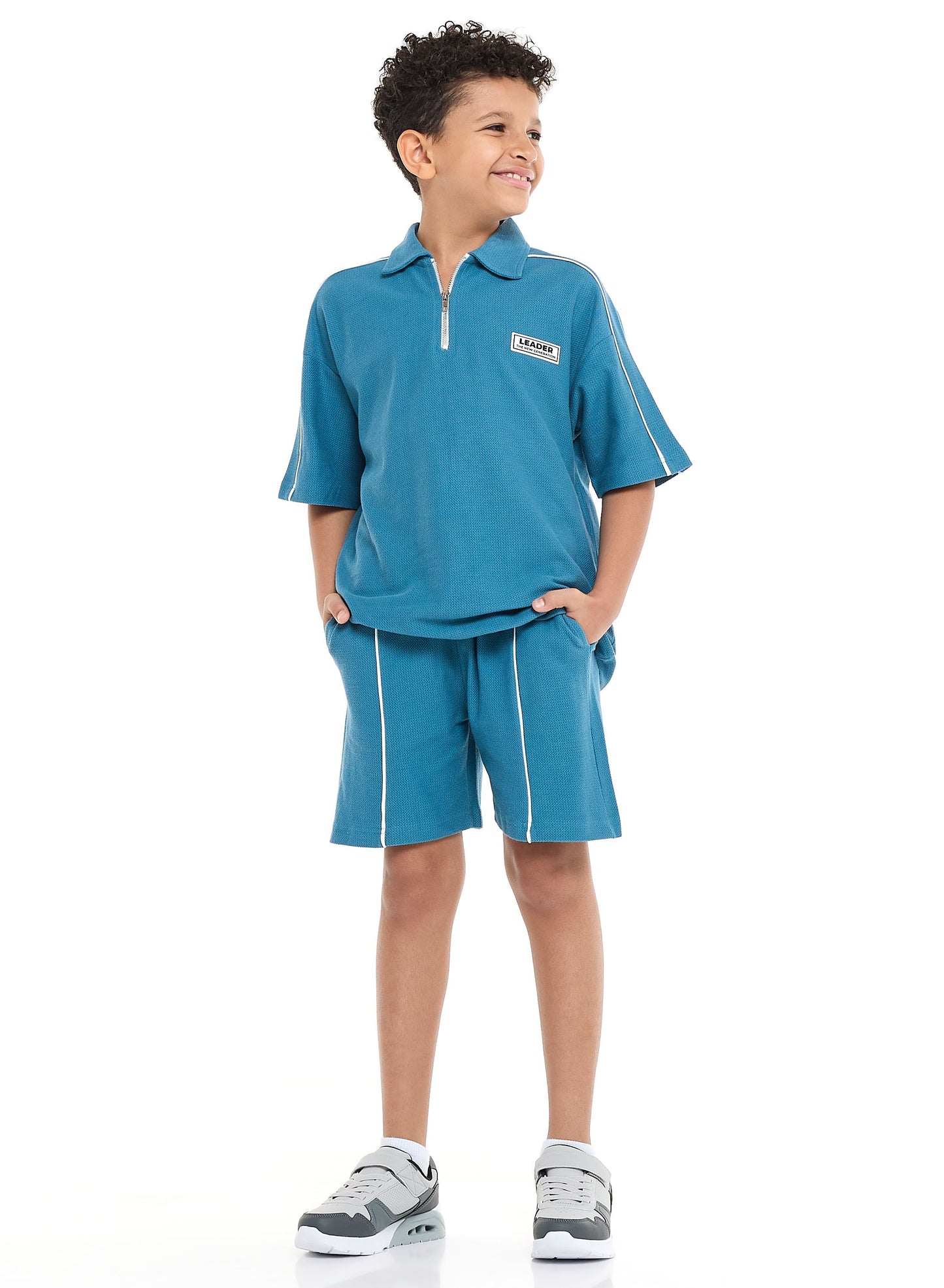 Victor and Jane Boys' Jacquard Set – Teal 2-Piece Outfit with Pockets, Polo T-Shirt With Half  Zipper and Shorts