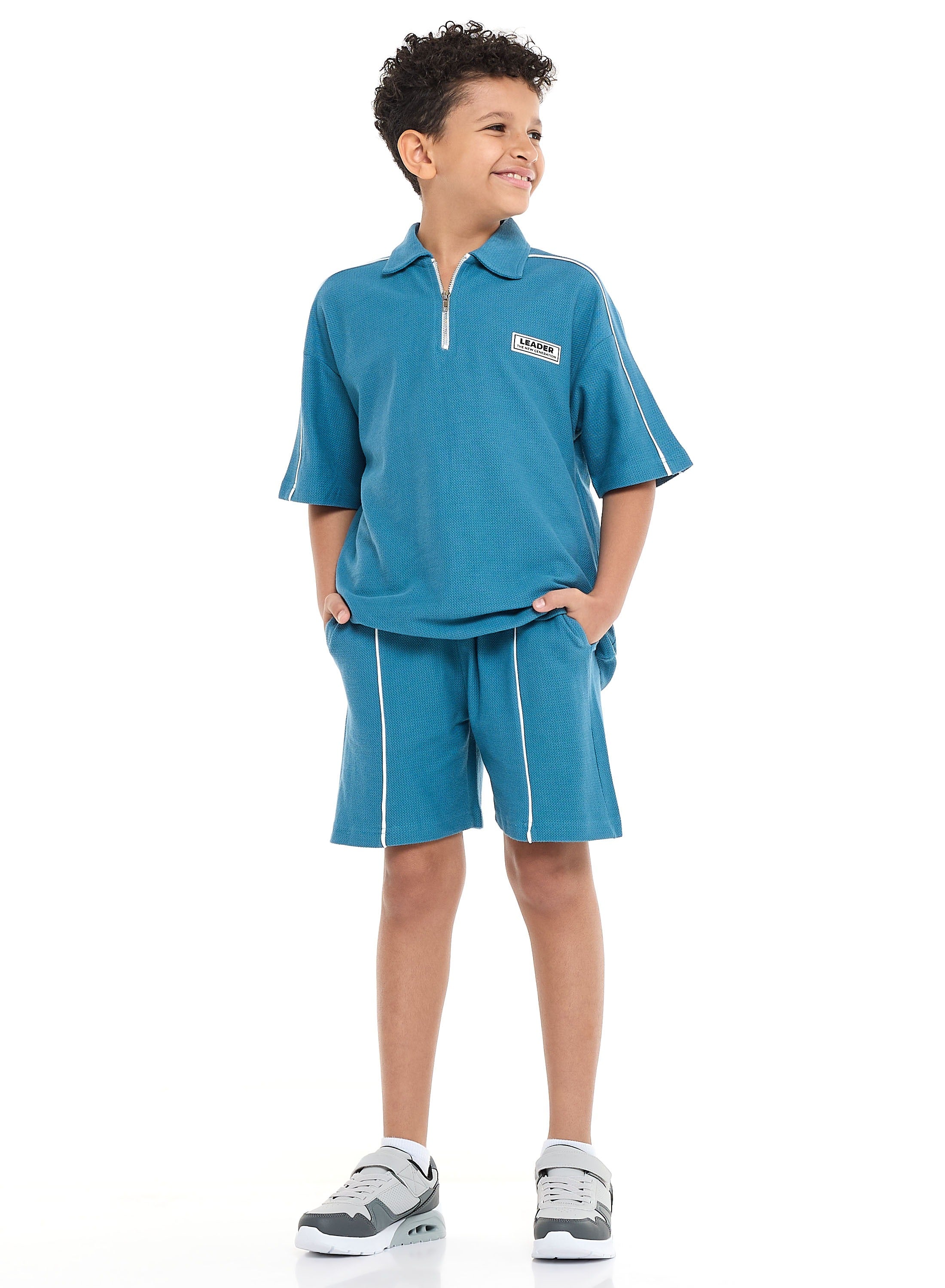 Victor And Jane Boys' Jacquard Set “ Teal 2-Piece Outfit With Pockets, Polo T-Shirt With Half  Zipper And Shorts