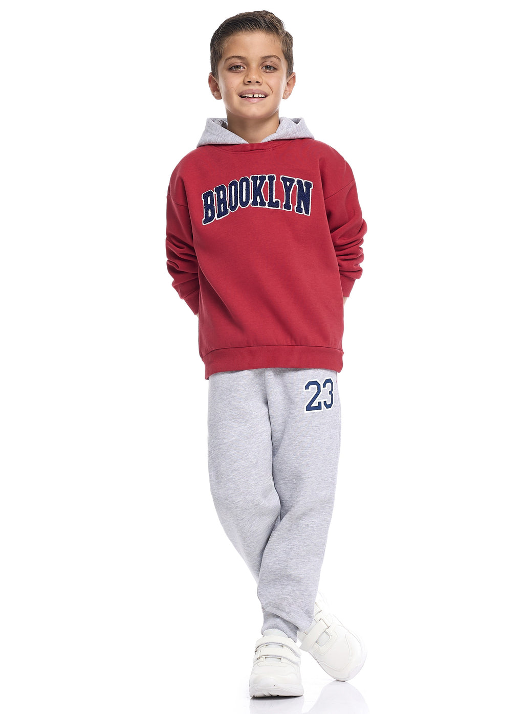 Victor And Jane Cotton Brooklyn Patch & 23 Printed Full Sleeves Hoodie & Joggers Set - Red & Grey