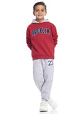 Victor And Jane Cotton Brooklyn Patch & 23 Printed Full Sleeves Hoodie & Joggers Set - Red & Grey