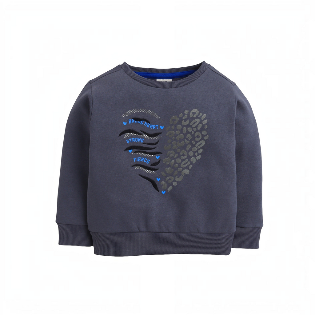 victor and jane grey cotton sweatshirt featuring a heart graphic with leopard print and Brave Heart text
