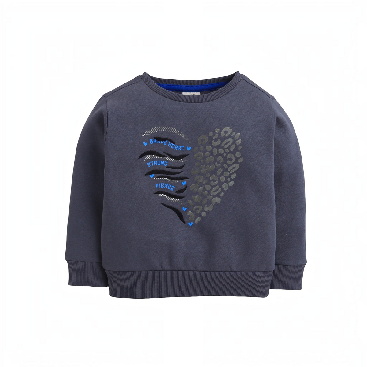 victor and jane grey cotton sweatshirt featuring a heart graphic with leopard print and Brave Heart text