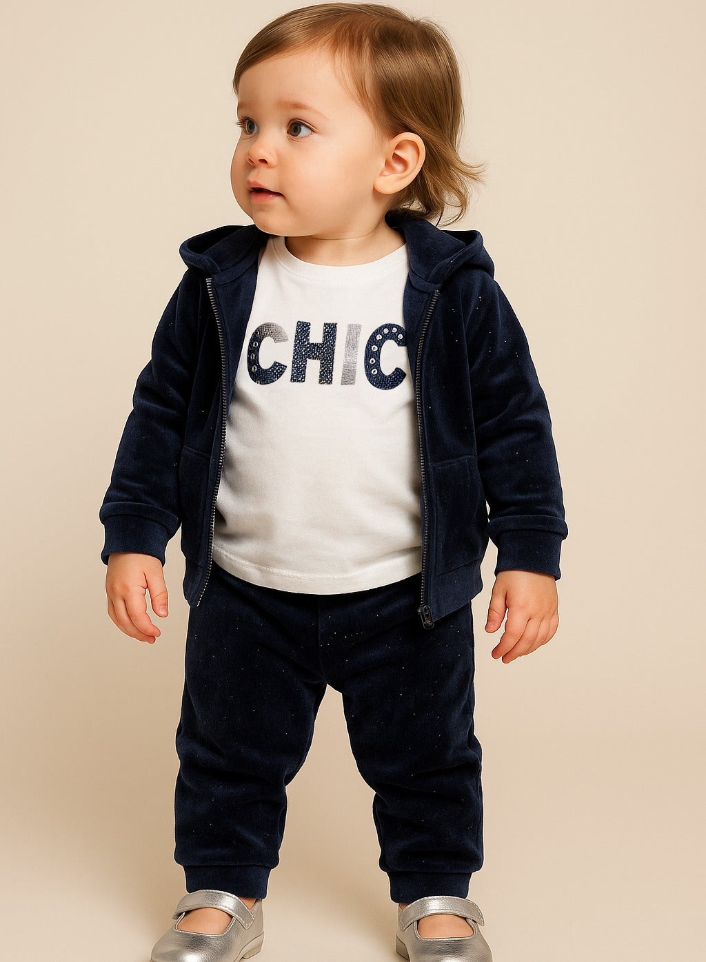 Infant Girls Navy Glitter 3-Piece Hoodie-Long sleeve Tee and Jogger Pants Set