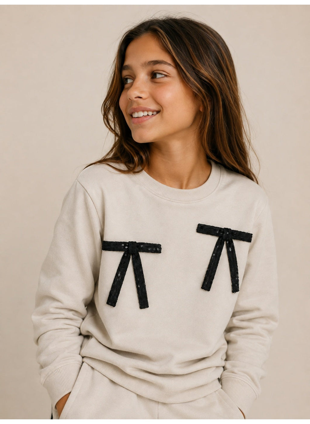 Girls Bow Detail Sweatshirt and Wide Leg Pants Set