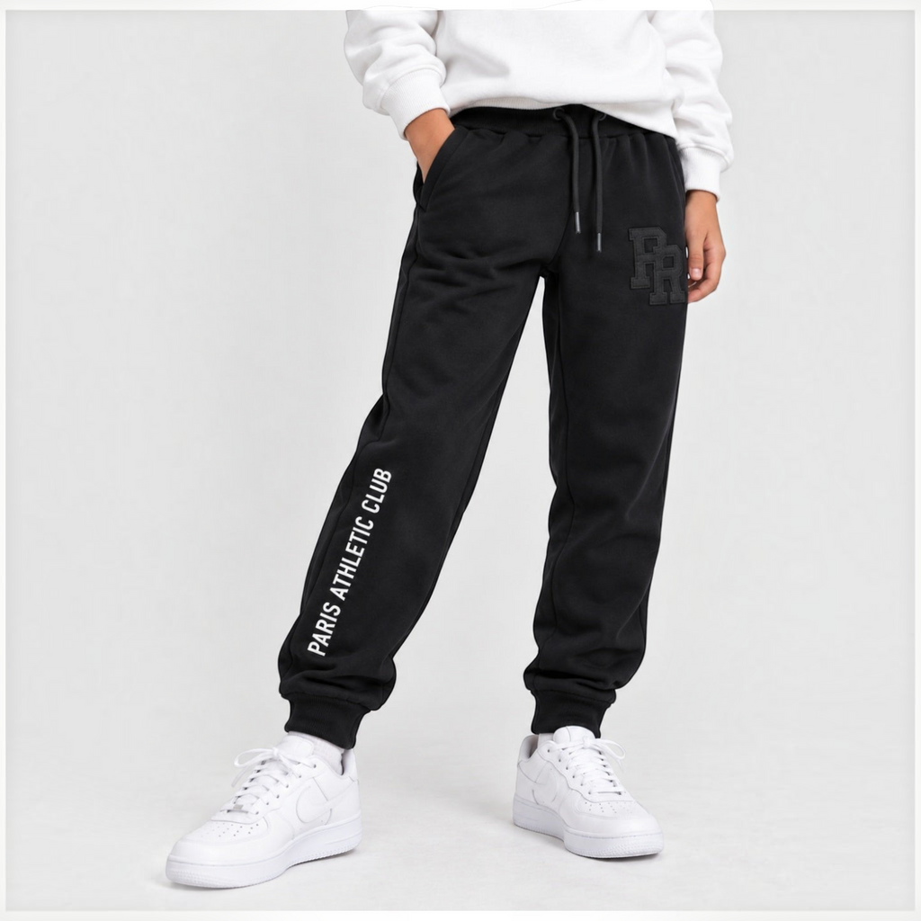 victor and jane boys black fleece jogger pants with Paris Athletic Club text and embroidered logo patch