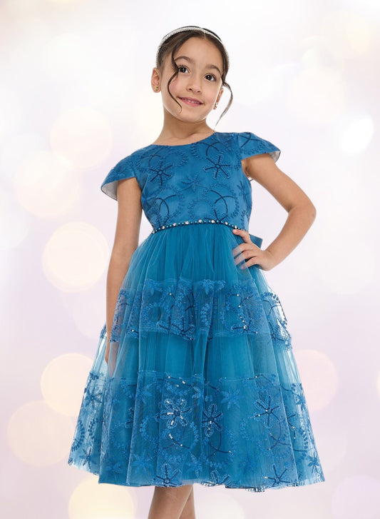 Elegant Blue Tulle Dress With Lace And Sequins