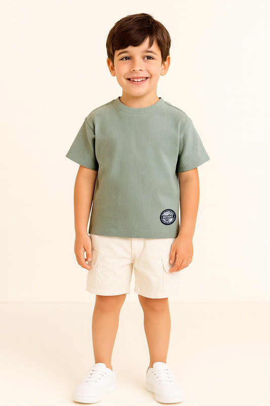 Junior Boys Ribbed Cotton T-Shirt - Light Olive