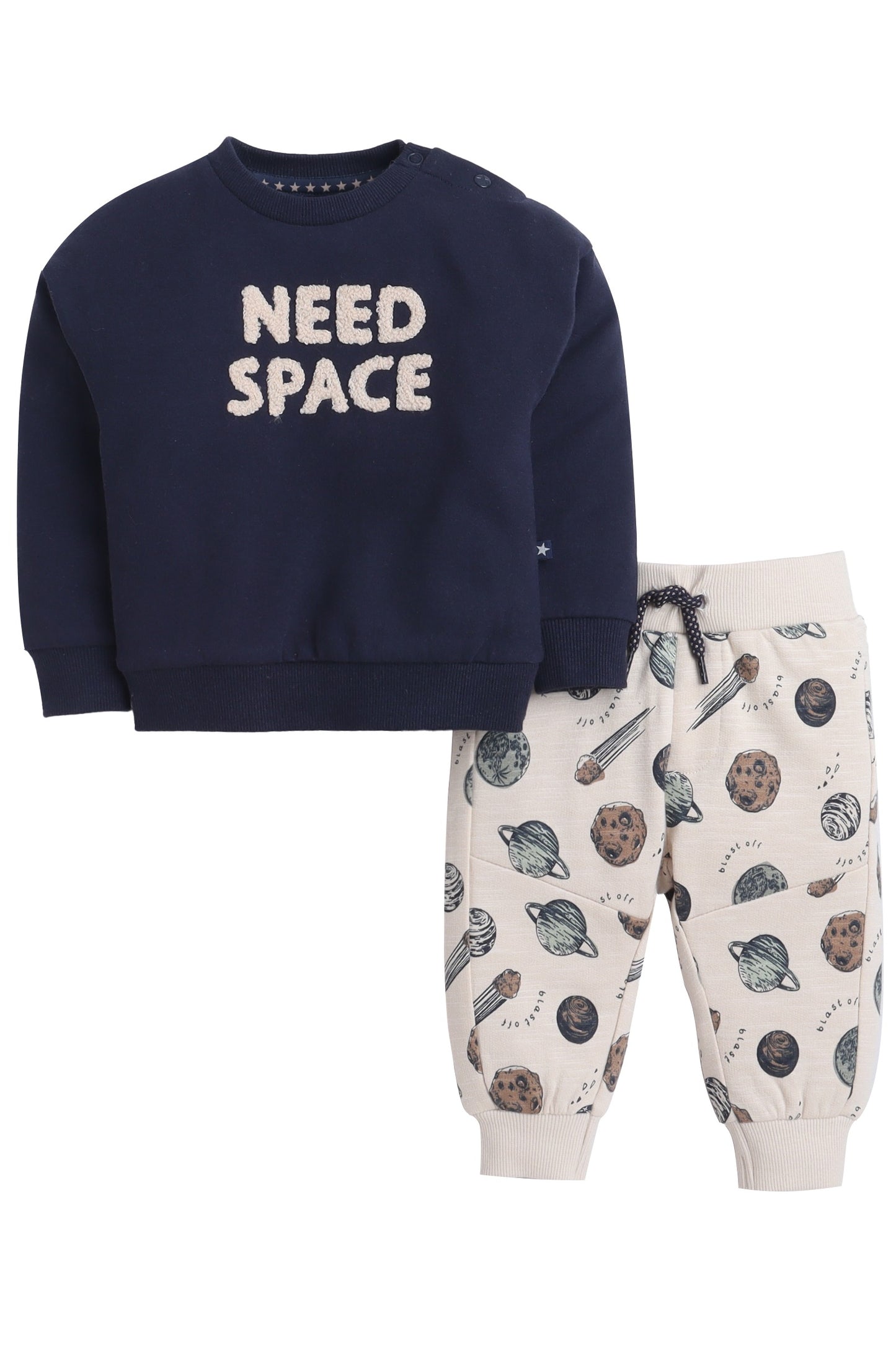 Baby Boys “Need Space” Fleece Tracksuit – Navy & Cream 2-Piece Set