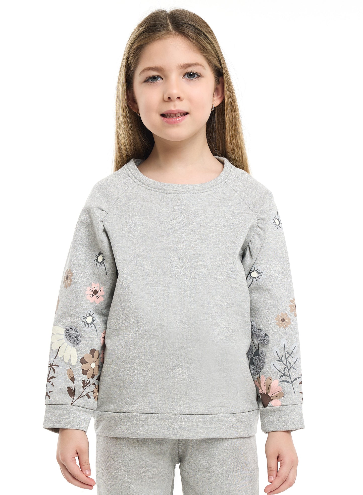 Girls Floral Sleeve Fleece Tracksuit – Light Grey 2-Piece Set