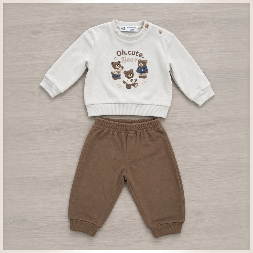 victor and jane boys 2-piece set with cream sweatshirt featuring bear embroidery and brown jogger pants