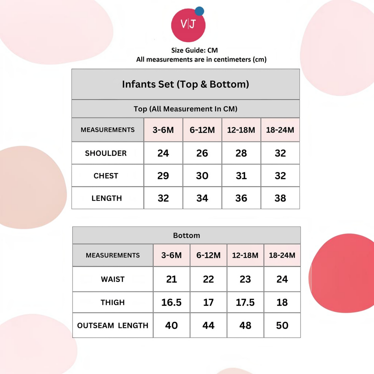victor and jane infants 2pc embroidered set size guide chart with measurements for tops and bottoms in centimeters