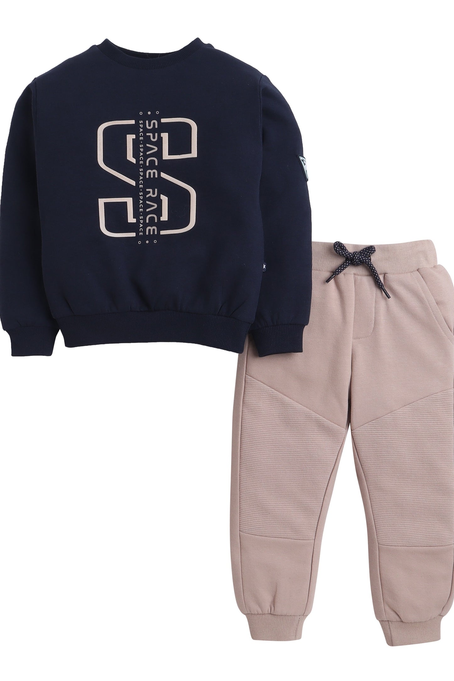 Boys Space Race Fleece Tracksuit – Navy & Sand 2-Piece Set