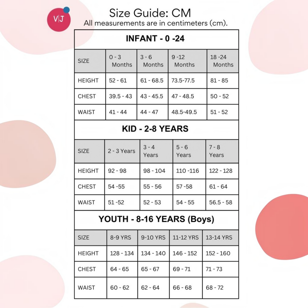 victor and jane size guide chart for infants, kids, and youth with height, chest, and waist measurements in cm