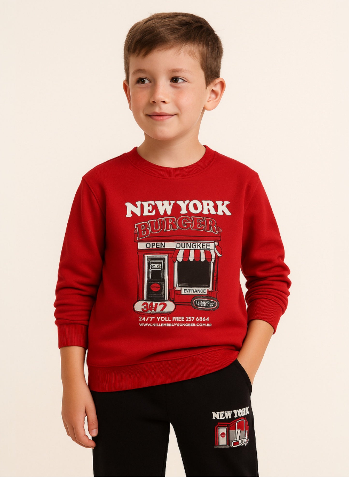 Boys’ Trendy  Winter Tracksuit – Red Sweatshirt & Black Joggers with NYC Print