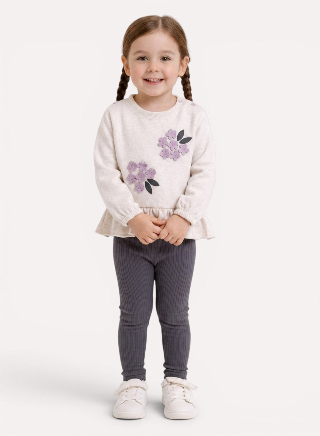 Girls 2pc Set – Floral Ruffle Hem Top & Ribbed Leggings