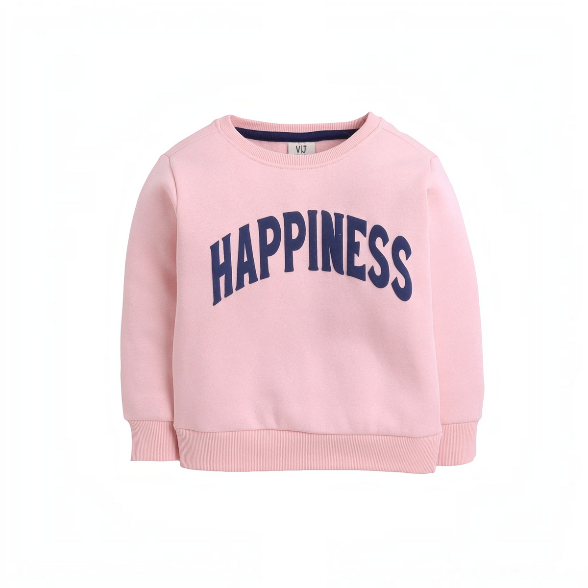 victor and jane girls pink sweatshirt with navy blue HAPPINESS text, featuring a crew neck and ribbed cuffs.