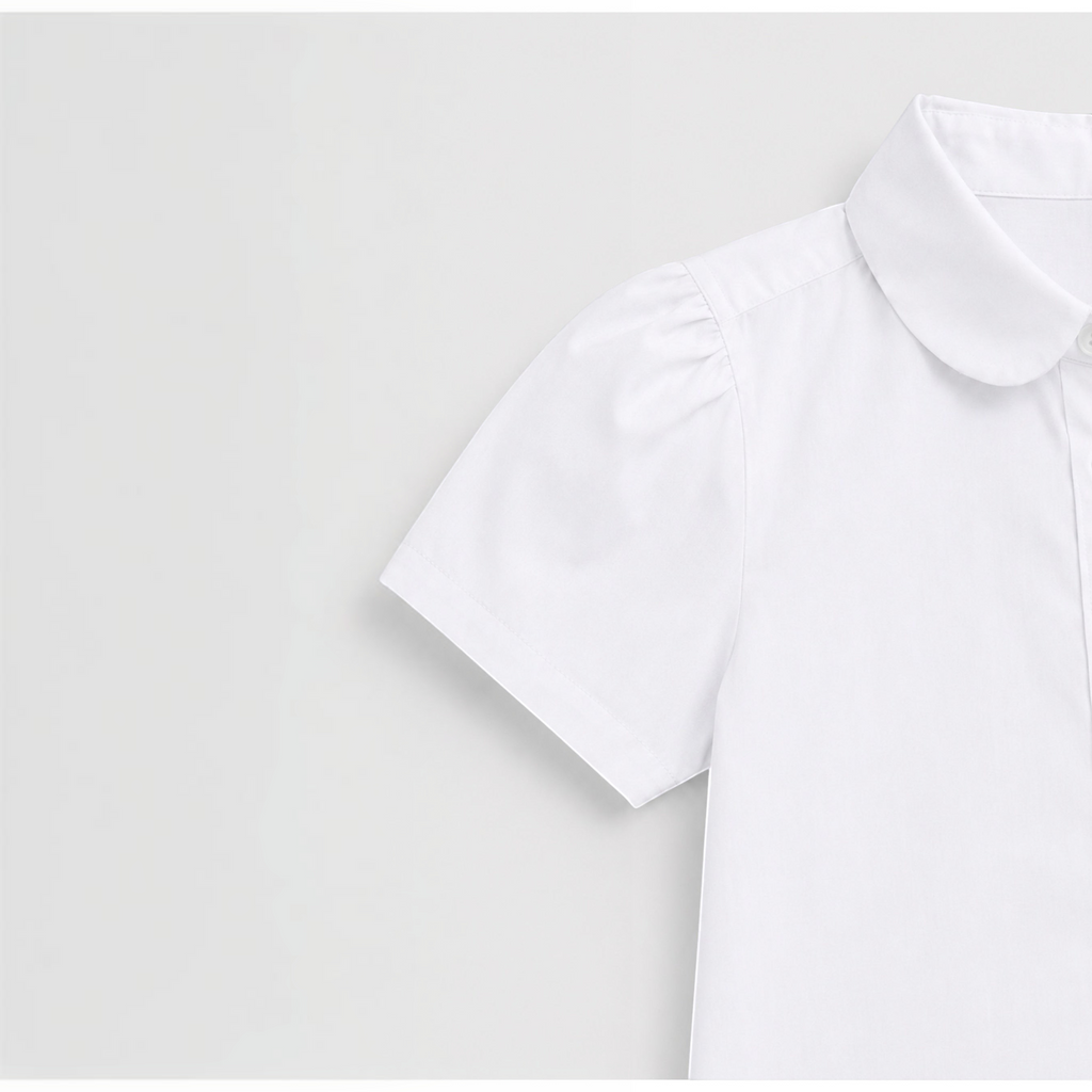 victor and jane white junior girls short sleeve collared shirt with a rounded peter pan collar