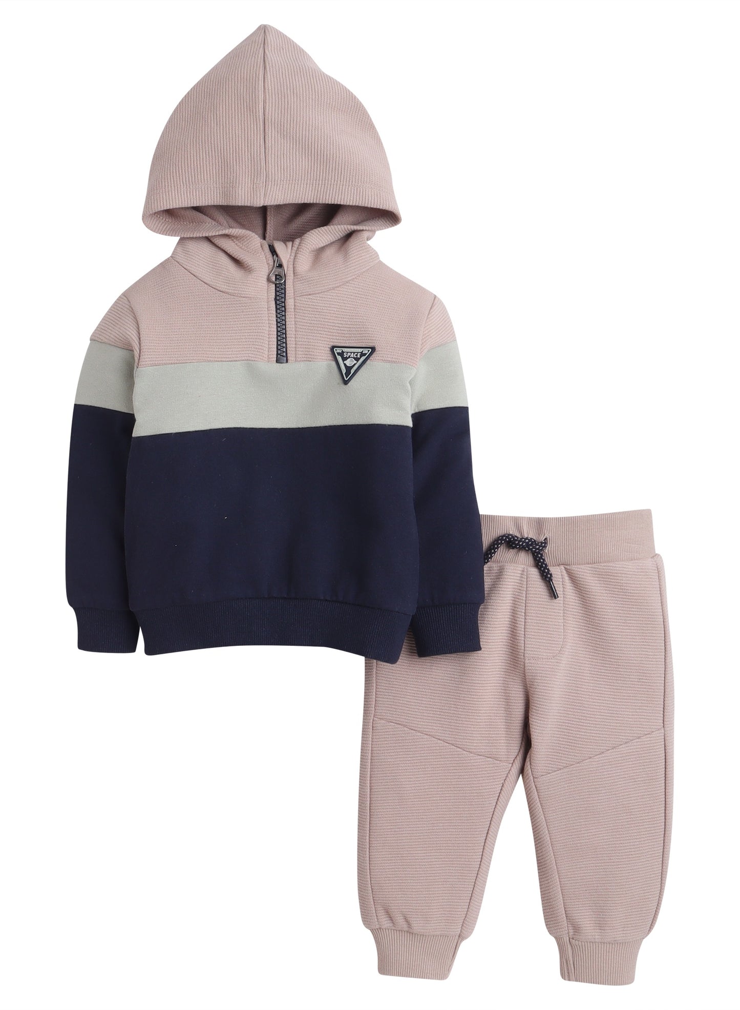 Boys Colorblock Fleece Tracksuit – Beige & Navy 2-Piece Set