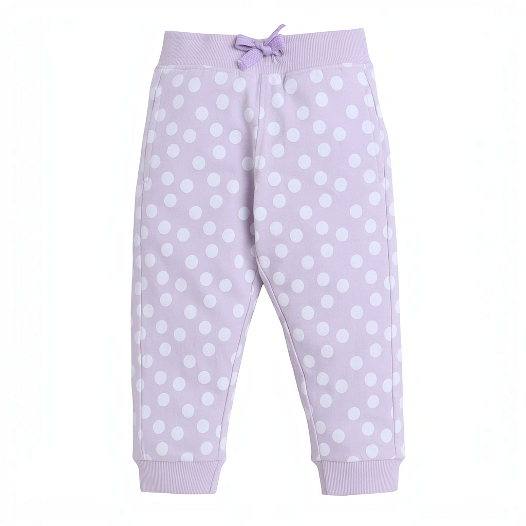 victor and jane girls lavender sweatpants with white polka dots, featuring an elastic waistband and drawstring