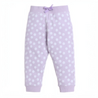 victor and jane girls lavender sweatpants with white polka dots, featuring an elastic waistband and drawstring