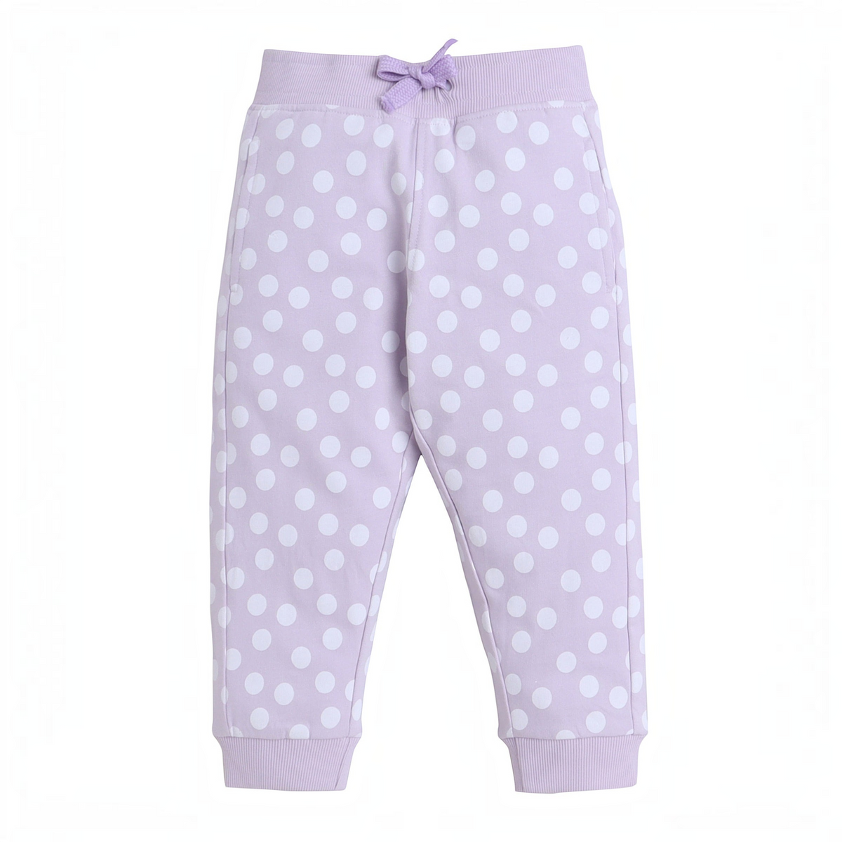 victor and jane girls lavender sweatpants with white polka dots, featuring an elastic waistband and drawstring