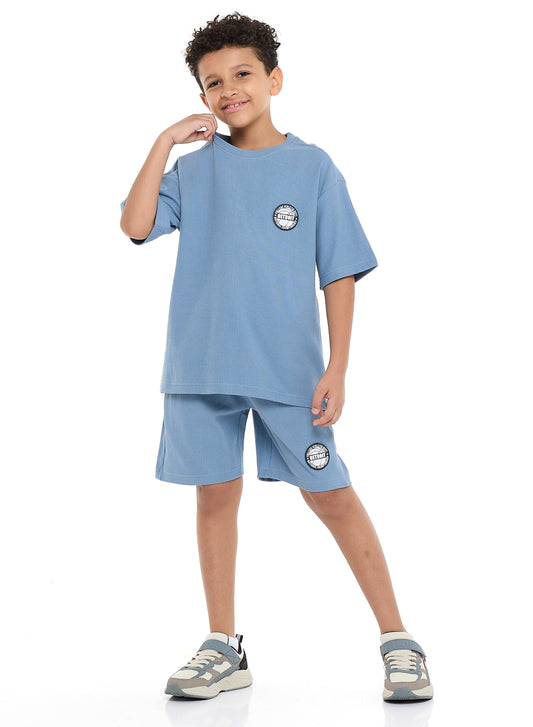 Victor and Jane Boys' Jacquard Set – Powder Blue 2-Piece Outfit with Shirt & Shorts