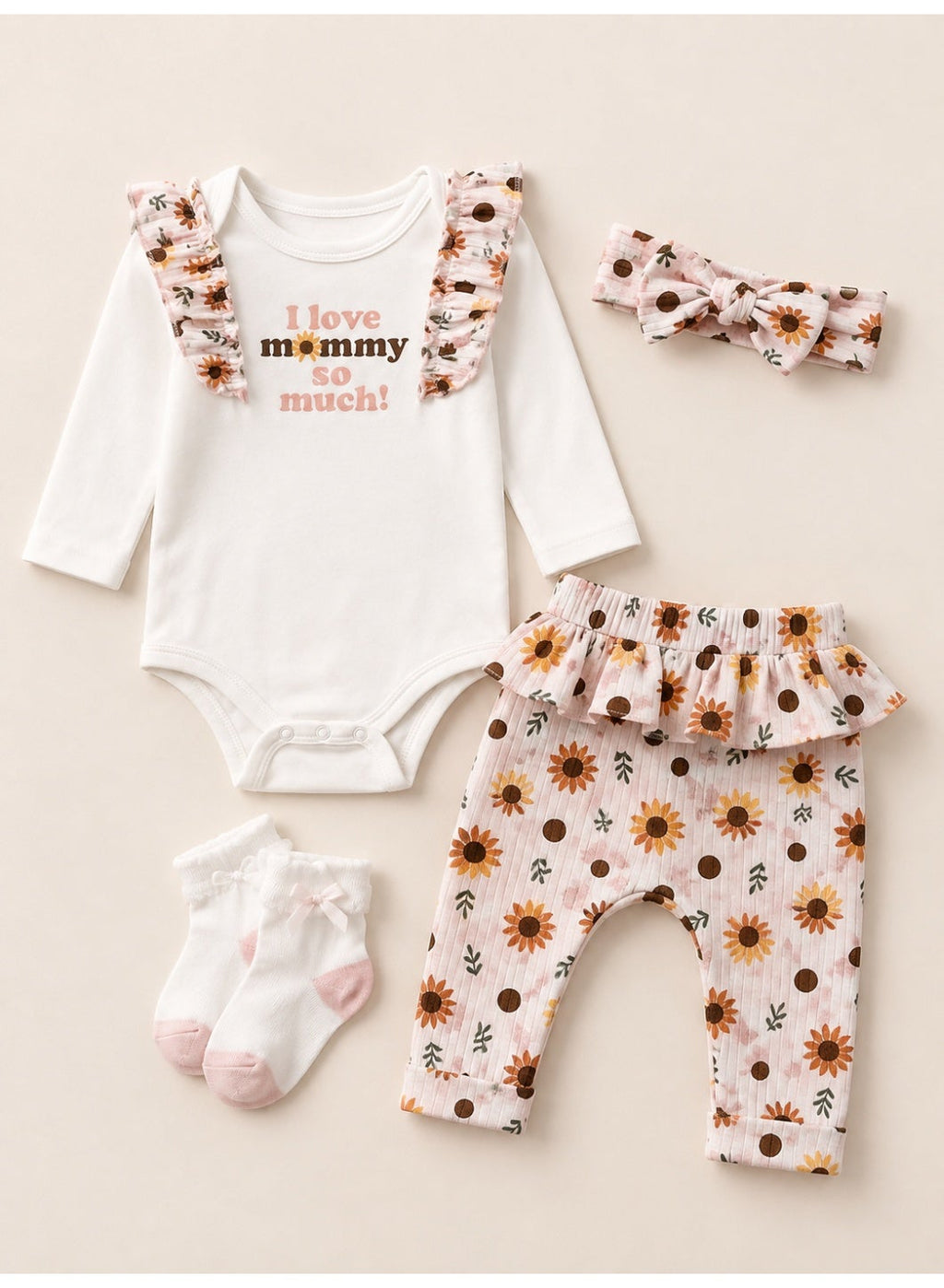 Baby Girls Long Sleeve Bodysuit and Floral Pants Set with Socks and Headband (4-Piece)