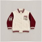 victor and jane girls varsity jacket in cream and maroon fleece with Los Angeles graphic and snap button closure