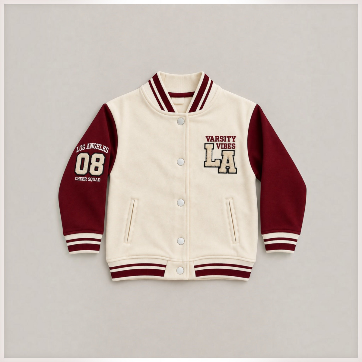 victor and jane girls varsity jacket in cream and maroon fleece with Los Angeles graphic and snap button closure