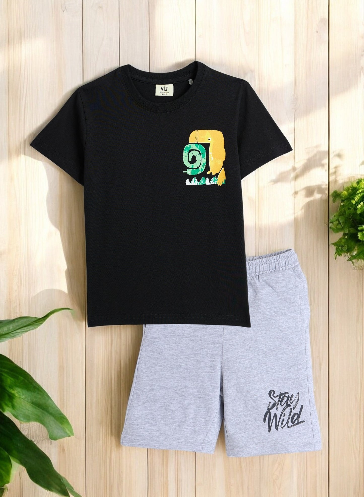 Victor and Jane JR Boys' 2PC Set – Jungle Safari & Day Adventure Theme, Black, Comfortable for Summer Wear, 2-3YRS