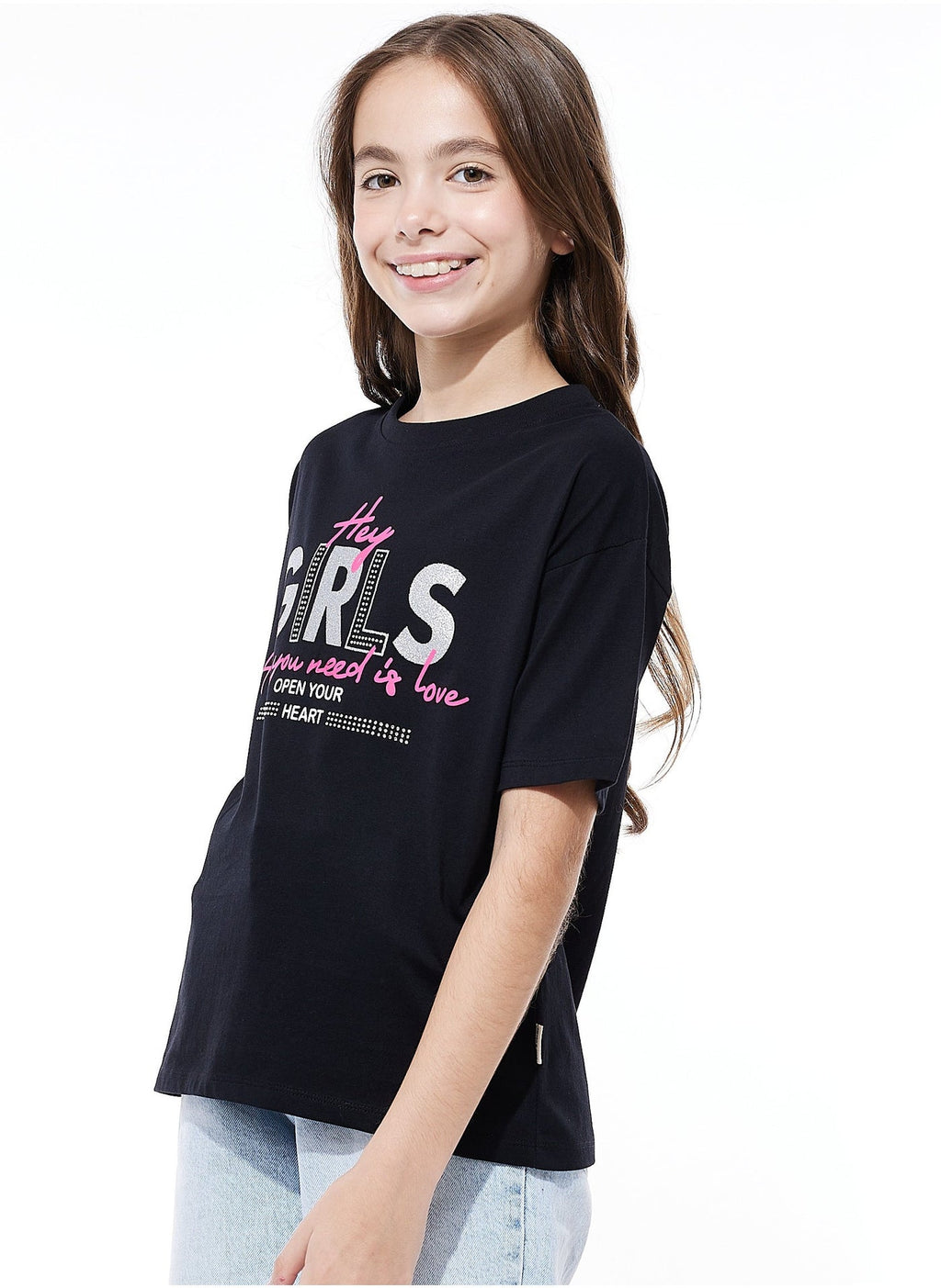 Victor And Jane Girls Graphic Oversized Fashion T-Shirt - Black