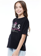 Victor And Jane Girls Graphic Oversized Fashion T-Shirt - Black
