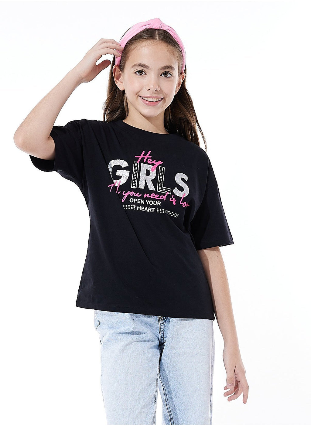 Victor And Jane Girls Graphic Oversized Fashion T-Shirt - Black