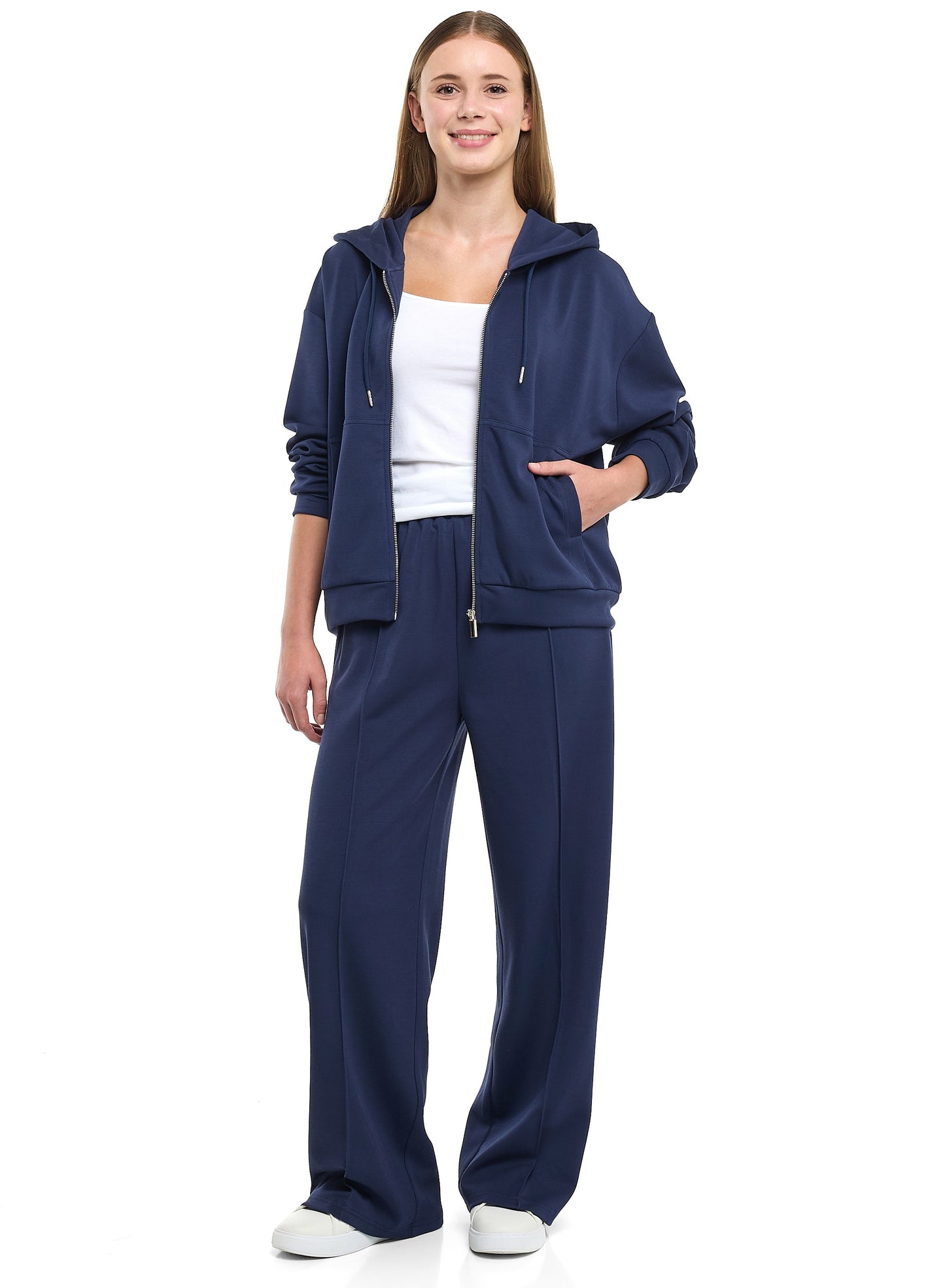 Ladies 2 Piece Set- Navy Zip-Up Hoodie & Wide-Leg Trousers Set