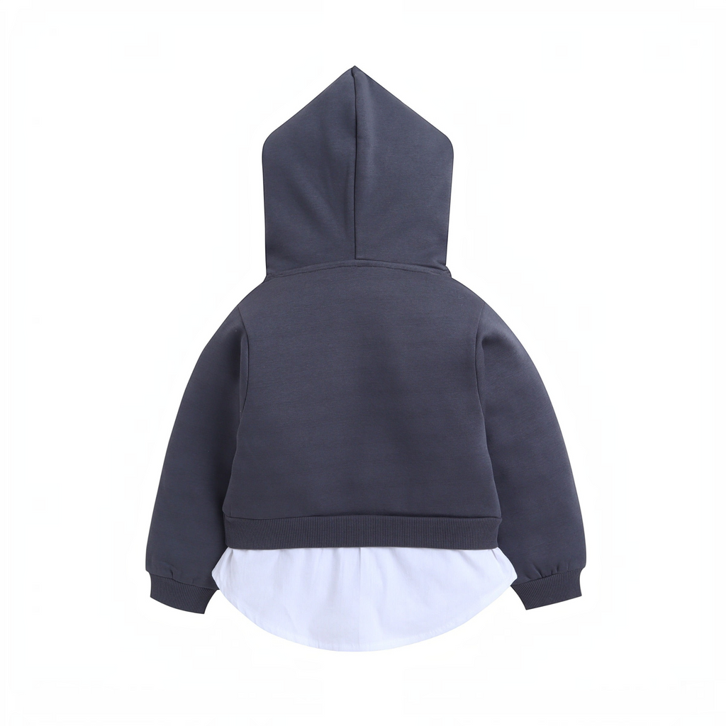 victor and jane dark grey cotton hoodie with long sleeves and a white layered hem detail, back view