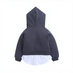 victor and jane dark grey cotton hoodie with long sleeves and a white layered hem detail, back view