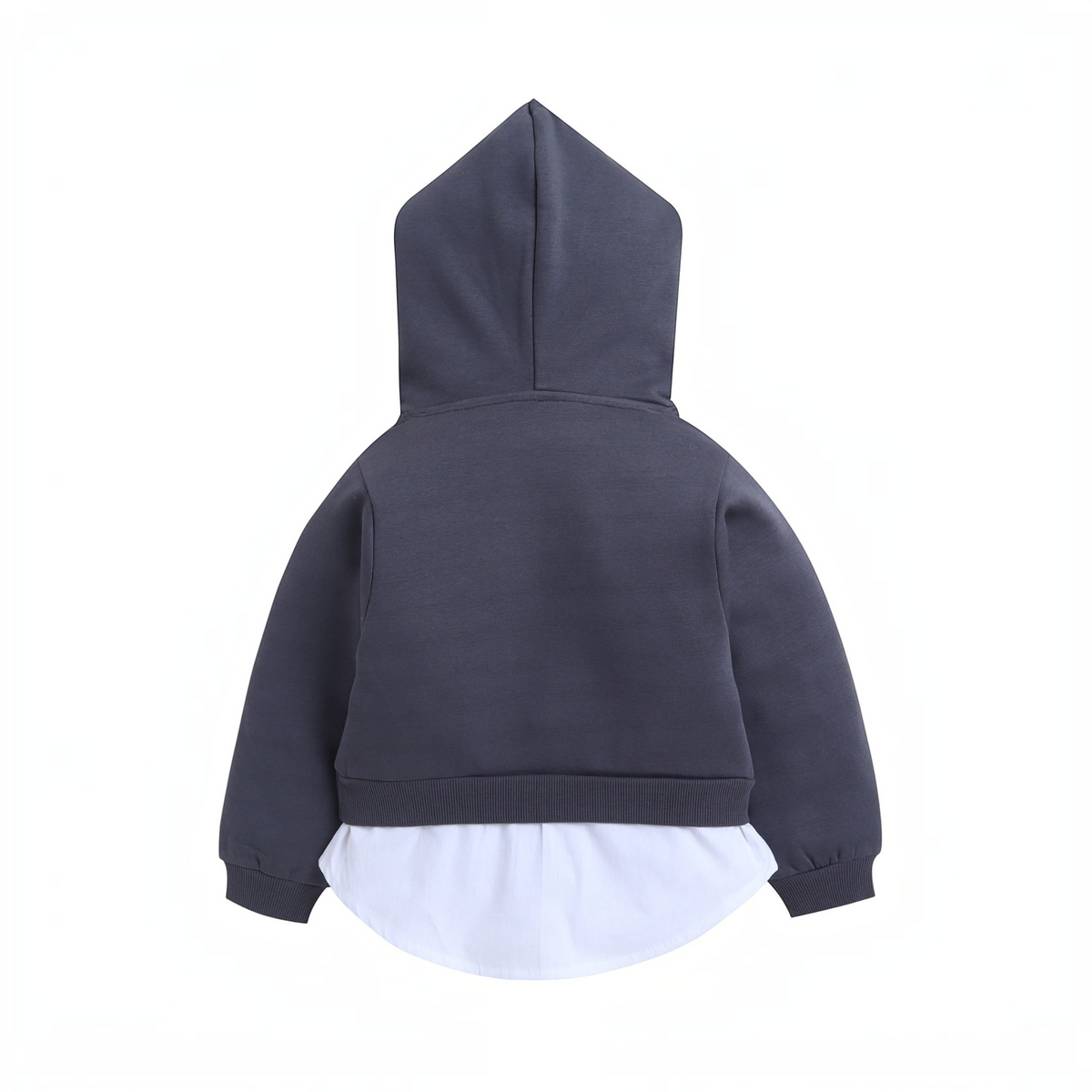 victor and jane dark grey cotton hoodie with long sleeves and a white layered hem detail, back view