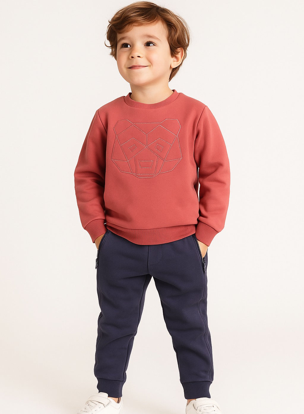 Dirkje Boys Bear Graphic Fleece Tracksuit – Coral & Grey 2-Piece Set