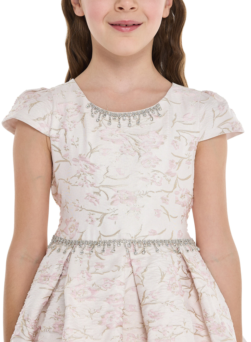 Pink/Gold Jacquard High Low Tail Dres With Tulle Mesh